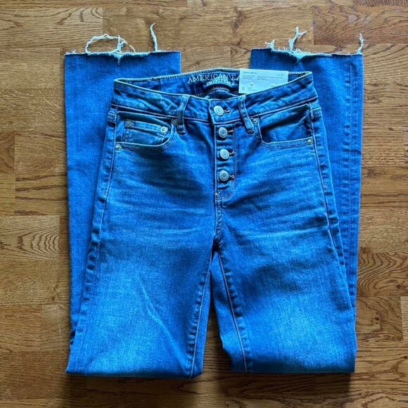NWT american eagle high rise crop flare super stretch jeans 0 Long Blue denim - Picture 1 of 4